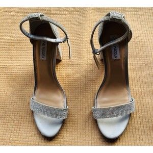 Steve Madden Carrson Rhinestone Ankle Strap Block Heel Silver 11M